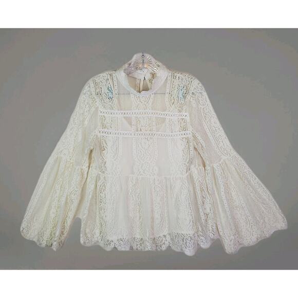 Altard State Crochet Lace Bell Sleeve Lined Top Ivory Sheer Boho Festival Large - Picture 4 of 16
